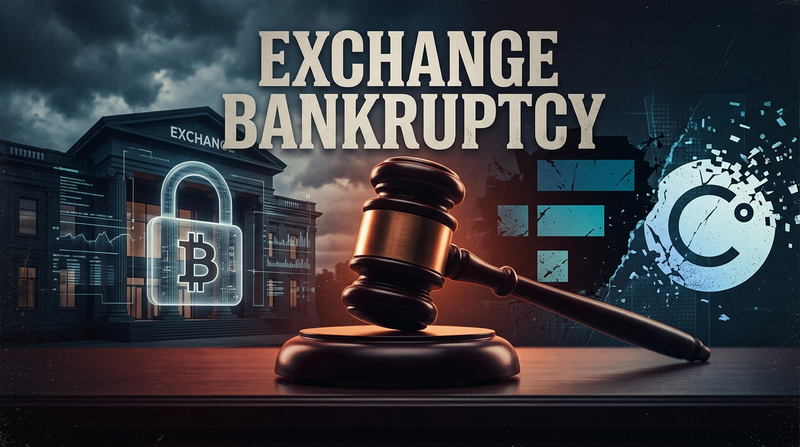 Crypto exchange bankruptcy concept with broken exchange logo and customer funds frozen editorial composition