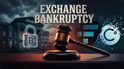 Crypto exchange bankruptcy concept with broken exchange logo and customer funds frozen editorial composition