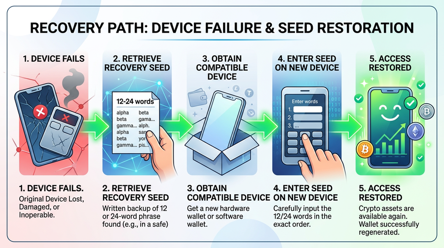 Device is replaceable; the seed phrase restores keys on Ledger, Trezor, Bitkey, Coldcard, or compatible software.