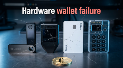 Broken hardware wallet with seed phrase metal plate recovery setup editorial composition
