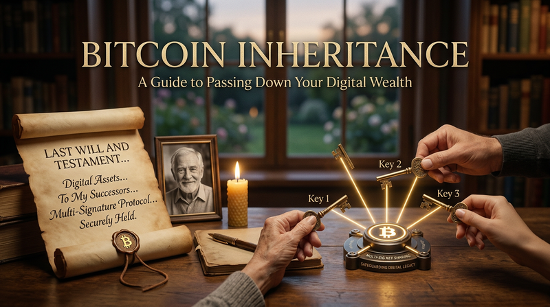 Bitcoin inheritance concept with family passing seed phrase on metal plate editorial composition