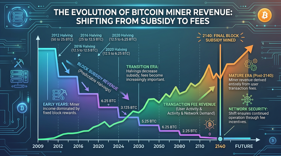 After ~2140, issuance ends; security budget increasingly comes from fees — miner incentives evolve accordingly.