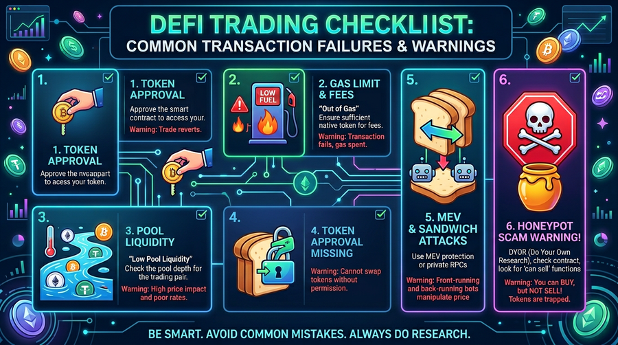 Typical failure modes: slippage, gas, approvals, toxic tokens, and MEV — check the exact revert on the explorer.