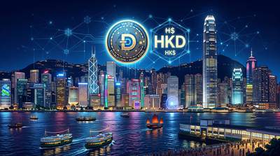 Hong Kong skyline at night with HSBC and Standard Chartered bank logos alongside digital stablecoin token and Hong Kong dollar symbol on a dark blue finance-themed background