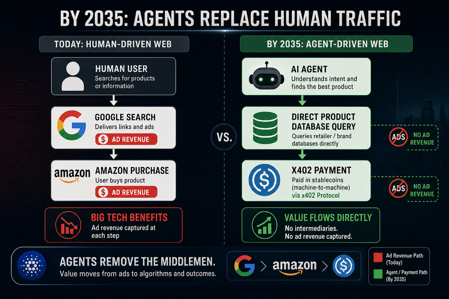 Diagram comparing traditional ad-driven internet commerce flow versus AI agent direct payment flow bypassing advertising