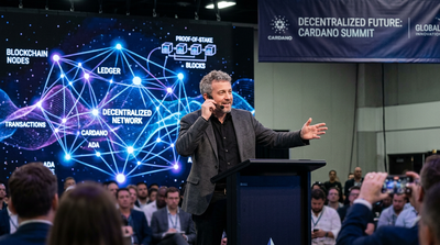 Charles Hoskinson speaking at conference with decentralized computing network visualization in background