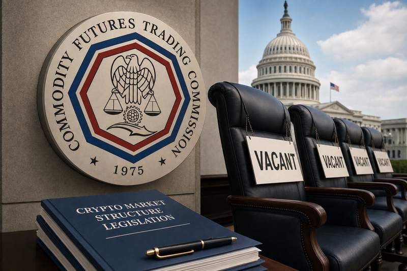 Empty CFTC commissioner seats with US Capitol in background representing regulatory vacancies