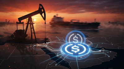 Commodity trader examining digital currency charts on multiple screens with oil tanker in background