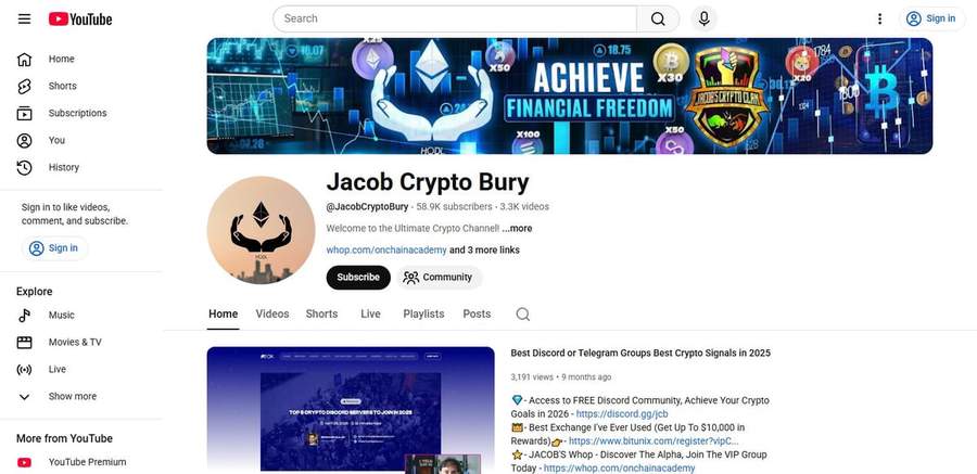 Screenshot of the Jacob Crypto Bury YouTube channel page