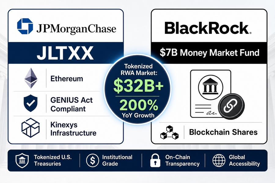 Infographic comparing JPMorgan JLTXX and BlackRock tokenized Treasury products with $32B RWA market size