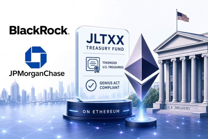 JPMorgan tokenized Treasury fund filing on Ethereum blockchain with GENIUS Act compliance badge