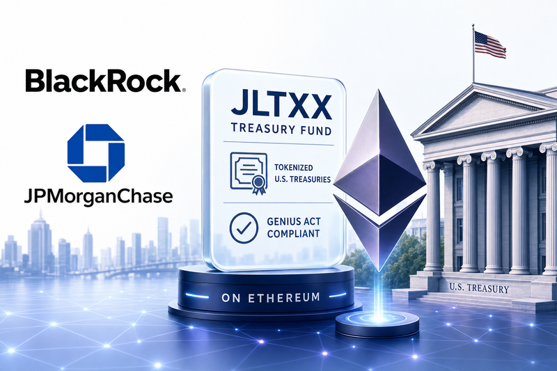 JPMorgan tokenized Treasury fund filing on Ethereum blockchain with GENIUS Act compliance badge