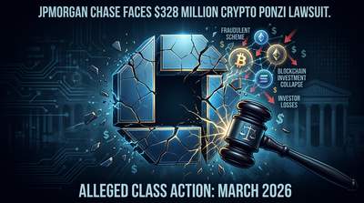 JPMorgan Chase logo fractured against a dark background with blockchain symbols and legal gavel imagery representing the $328 million crypto Ponzi scheme lawsuit