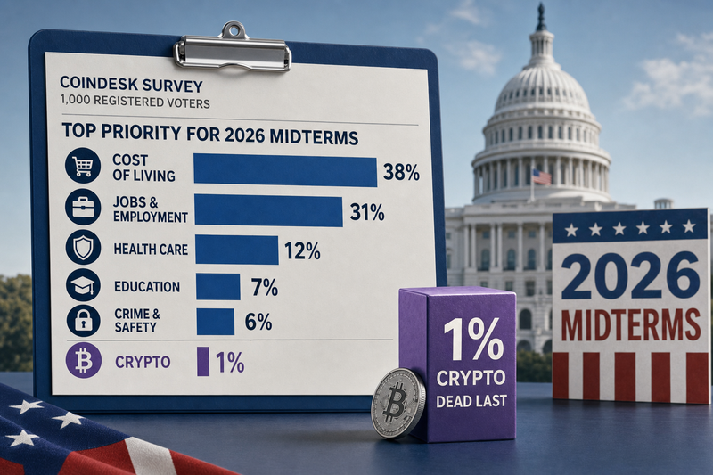 Survey results showing crypto ranking at bottom of US voter priorities for 2026 midterm election