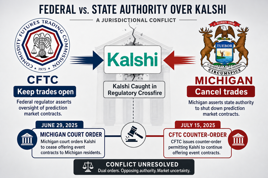 Diagram showing CFTC and Michigan issuing conflicting orders to Kalshi with timeline of events