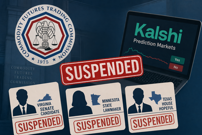 Kalshi logo with gavel representing insider trading enforcement action against three politicians