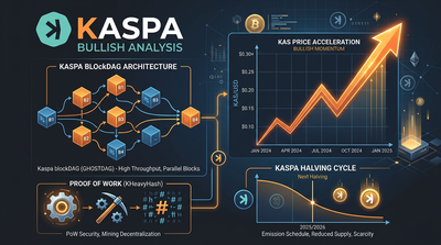 Kaspa KAS logo with blockDAG architecture diagram and upward price chart