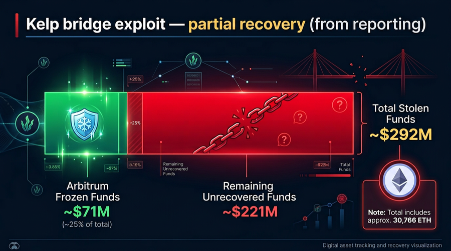 Illustrative recovery breakdown: stolen total vs Arbitrum-frozen ETH vs approximate remainder (figures from reporting above)