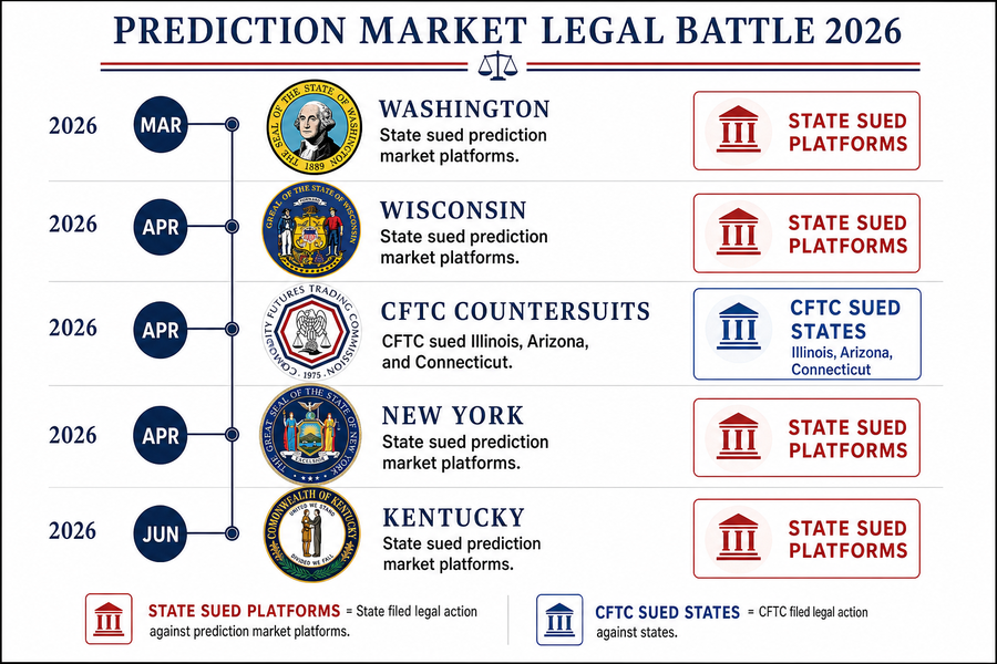 Timeline infographic showing state legal actions against prediction markets and CFTC countersuits throughout 2026