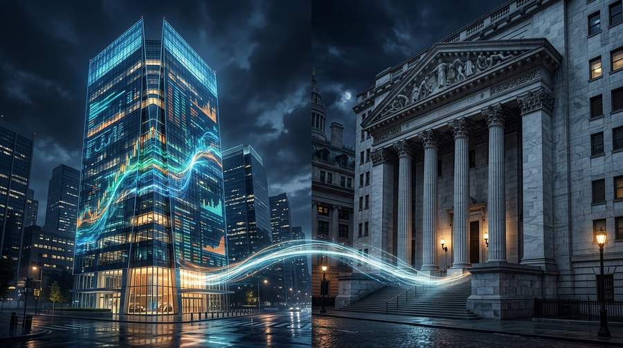 Comparison between Kraken crypto exchange and Federal Reserve building showing the intersection of crypto and traditional banking