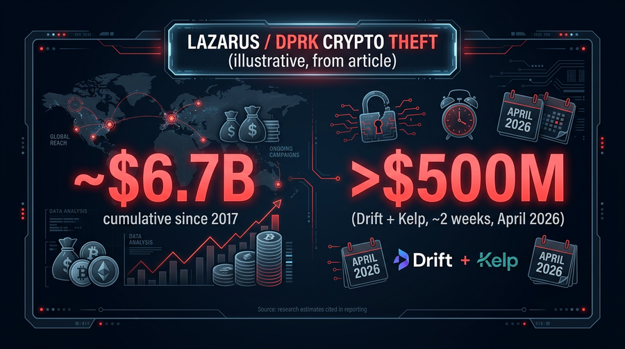 Scale context: cumulative Lazarus-linked theft vs recent DeFi losses (figures from reporting in this article)