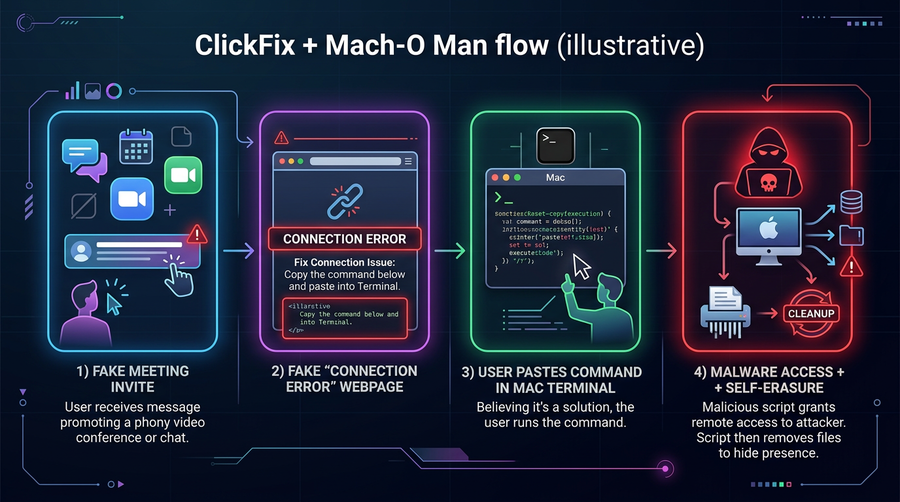 Diagram showing Mach-O Man malware attack flow from fake meeting invite through terminal command to full system access