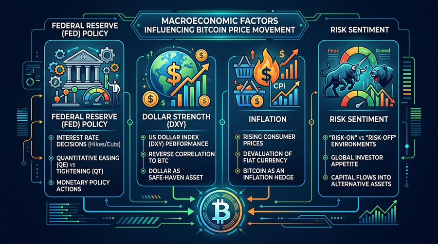 Infographic displaying macroeconomic factors influencing Bitcoin price movement