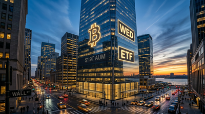 Major U.S. bank building with Bitcoin logo overlay