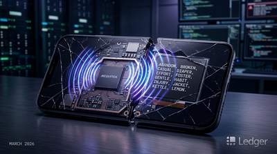 Cracked smartphone revealing circuit board and seed phrase data with electromagnetic pulses representing the MediaTek chip vulnerability discovered by Ledger