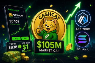 CASHCAT memecoin logo with trading charts showing explosive gains on Robinhood Chain