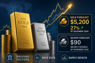 Gold and silver bars with price projection chart showing targets for end of 2026