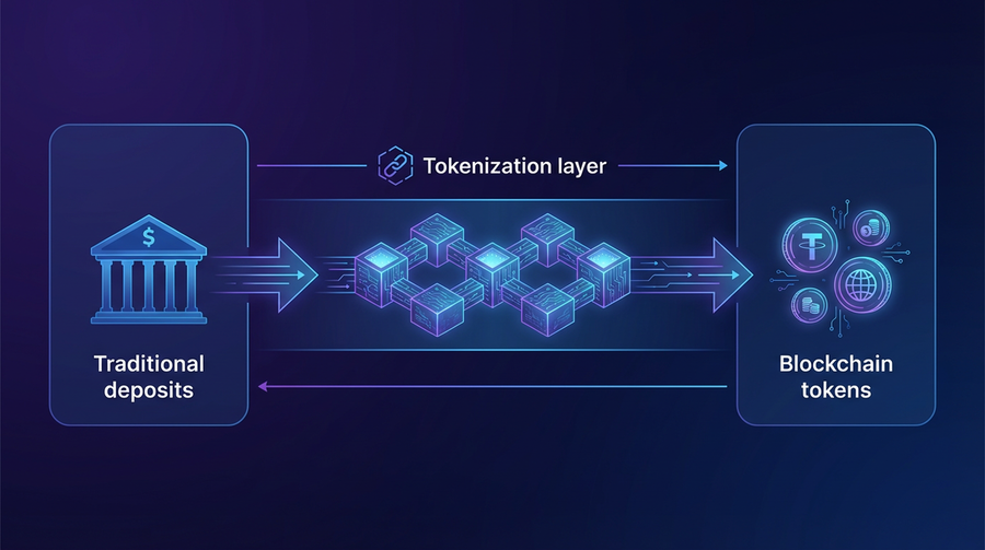 Diagram showing Monument Bank&rsquo;s deposit tokenization process from traditional deposits to blockchain tokens