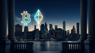 Morgan Stanley building with Bitcoin and Ethereum logos representing Wall Street's strategic crypto adoption