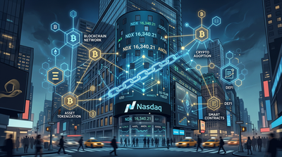 Nasdaq building with blockchain network overlay showing traditional finance merging with crypto technology
