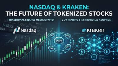 Nasdaq and Kraken logos with blockchain network and tokenized stock symbols representing their partnership for tokenized equity trading