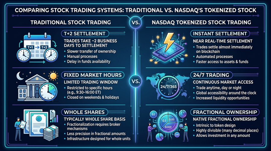 Comparison infographic showing traditional stock trading versus Nasdaq&rsquo;s new tokenized stock trading system