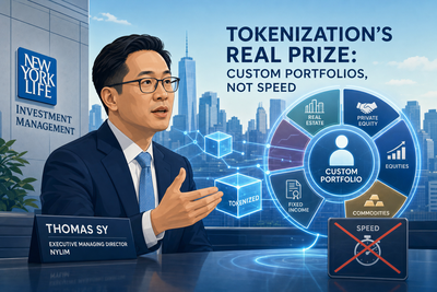 Tokenized portfolio construction diagram showing assets flowing into personalized investment baskets on blockchain rails