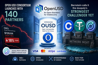 USDC coin facing a rising OUSD coin with corporate partner logos in the background