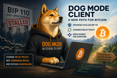 Diagram showing Bitcoin relay policy versus consensus rules with DOG Mode client bypassing BIP 110