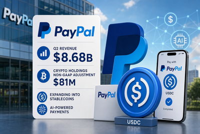 PayPal logo alongside stablecoin symbols showing Q2 2026 financial results with $81M crypto adjustment
