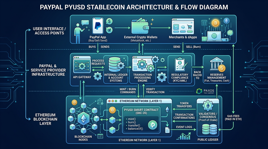 Technical architecture diagram of PayPal&rsquo;s PYUSD stablecoin showing user interface, infrastructure, and blockchain layers