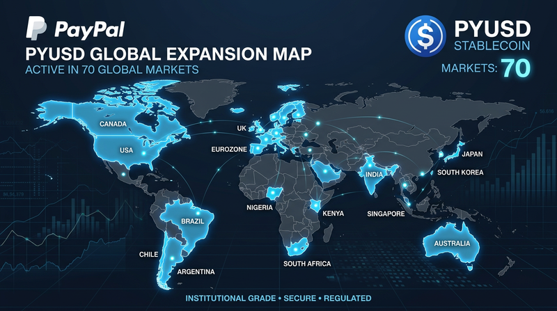 PayPal PYUSD stablecoin expansion map showing 70 global markets