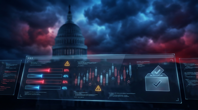 Digital prediction market interface showing political betting odds with warning symbols