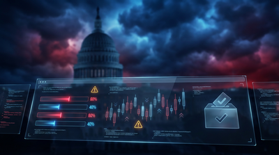 Digital prediction market interface showing political betting odds with warning symbols
