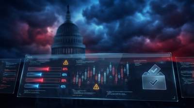 Digital prediction market interface showing political betting odds with warning symbols