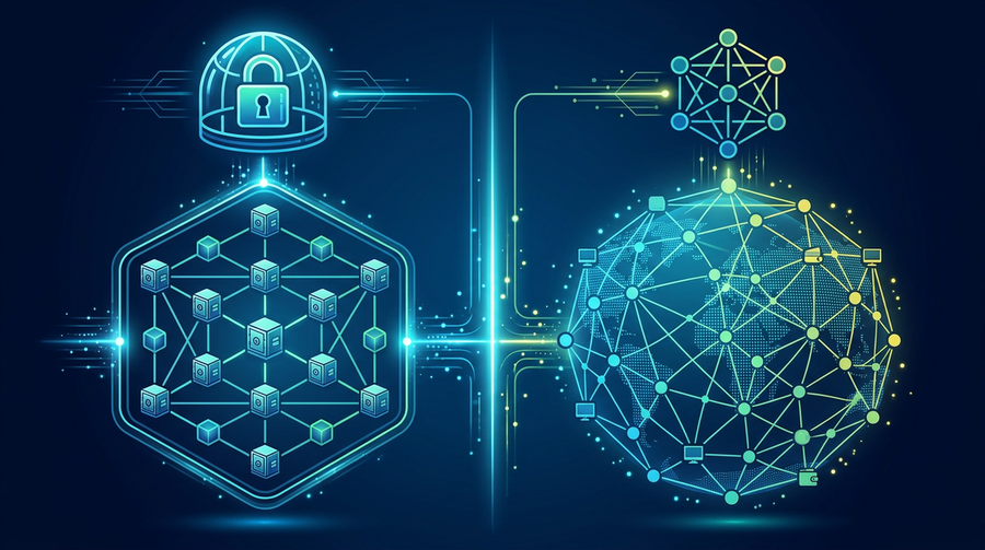 Comparison chart showing key differences between private bank blockchains and public cryptocurrency networks