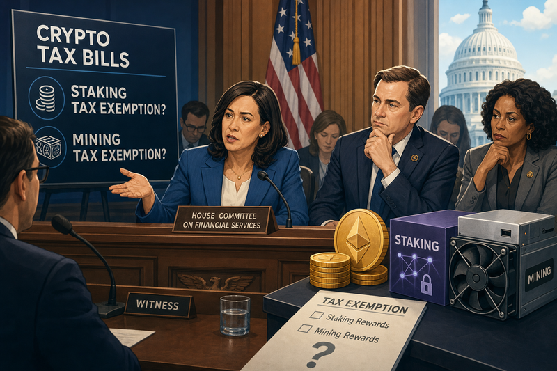 House committee hearing room with crypto tax legislation documents and Democratic and Republican party symbols