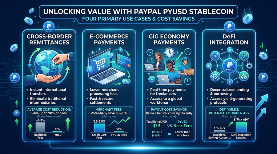 Infographic displaying four primary use cases for PayPal&rsquo;s PYUSD stablecoin with cost savings statistics