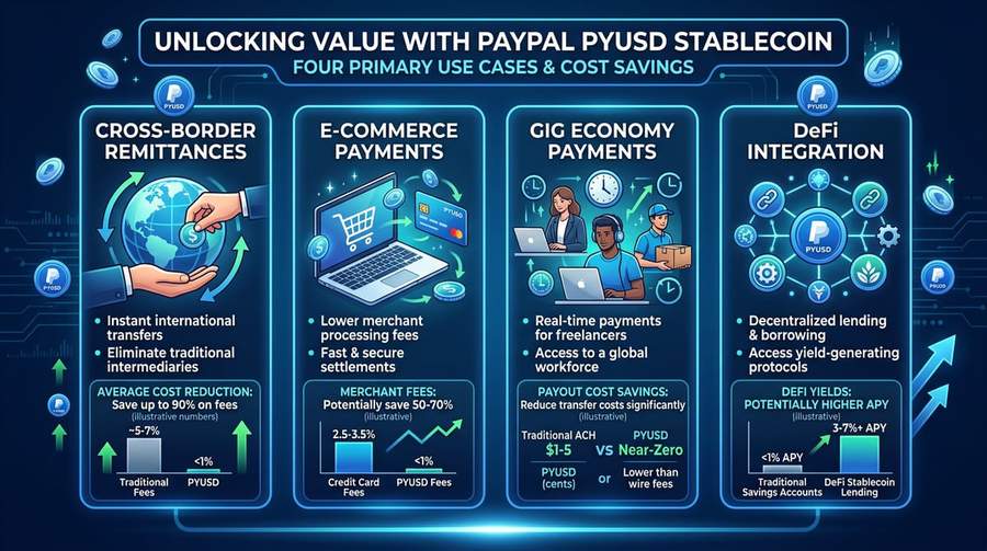 Infographic displaying four primary use cases for PayPal&rsquo;s PYUSD stablecoin with cost savings statistics