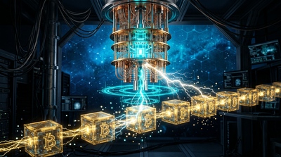 Quantum computer processing blockchain mining tasks with glowing circuits